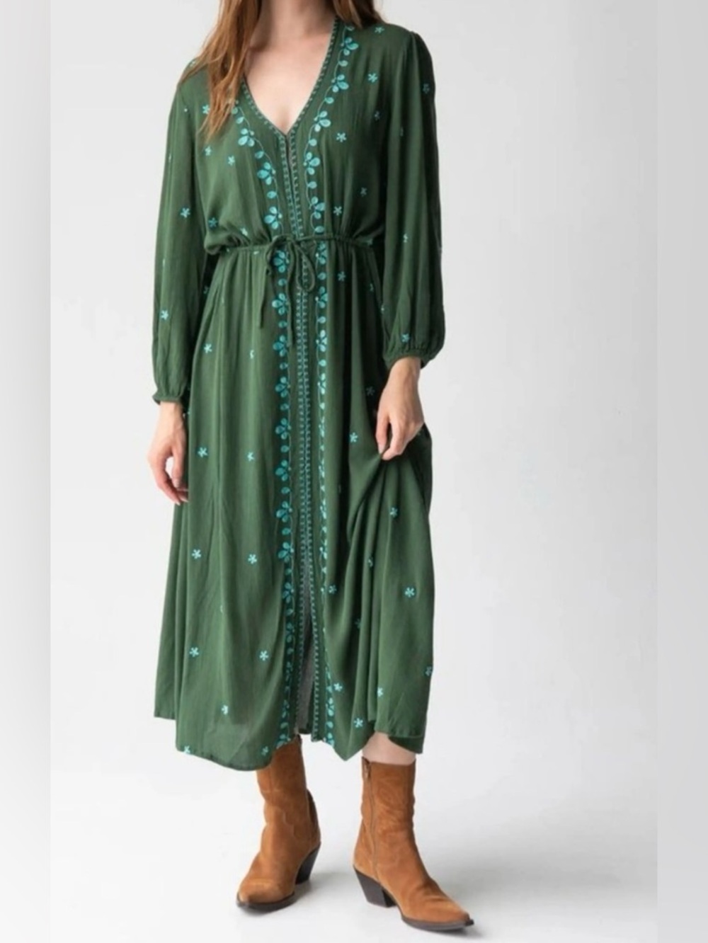 NATURAL LIFE Olive Green Maxi Dress with Teal Embroidery